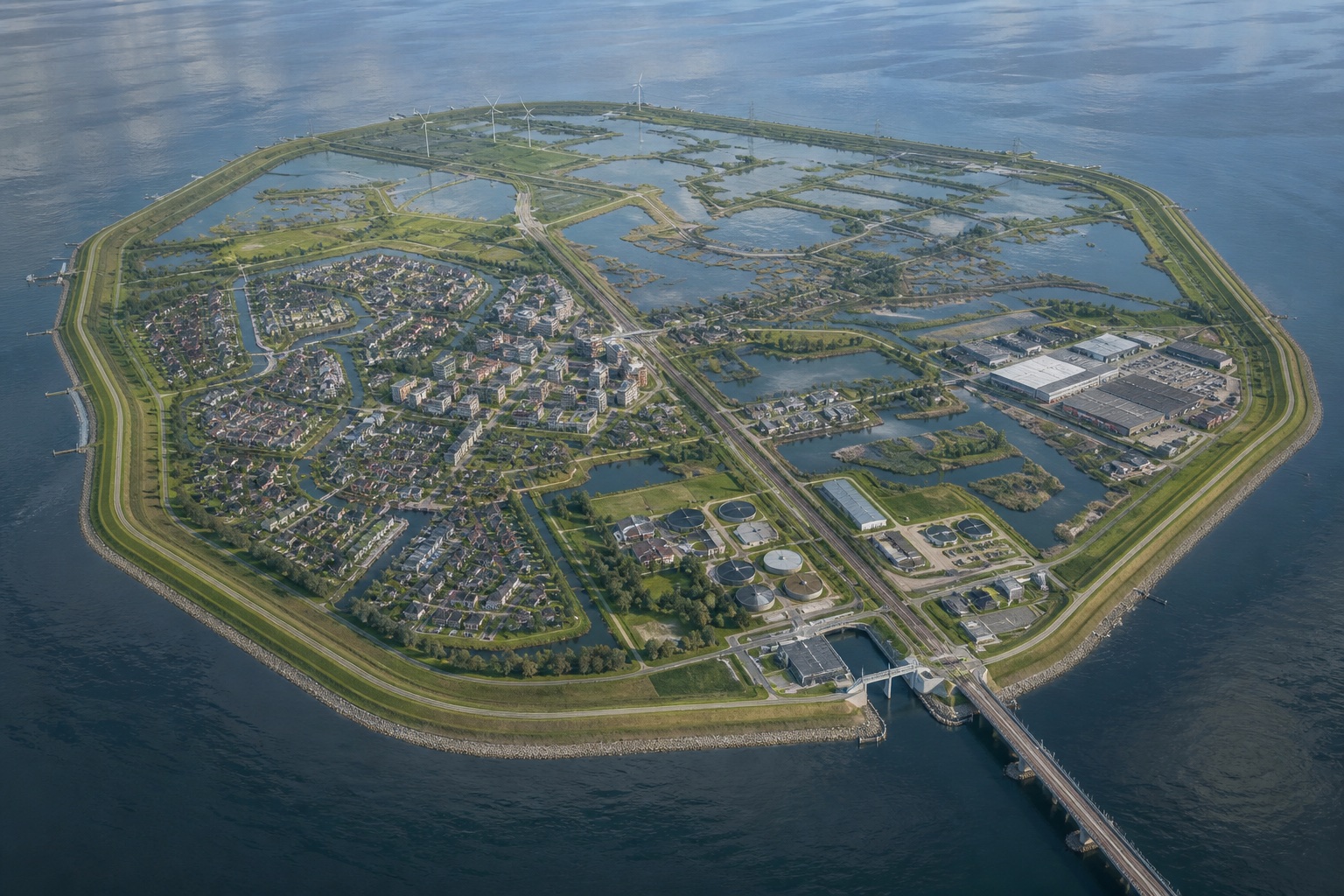 AI-gegenereerde luchtconceptvisual van één ringdijk met woonkernen, voorzieningen, productieve functies, wetlands, infrastructuur, energie en waterbeheer.